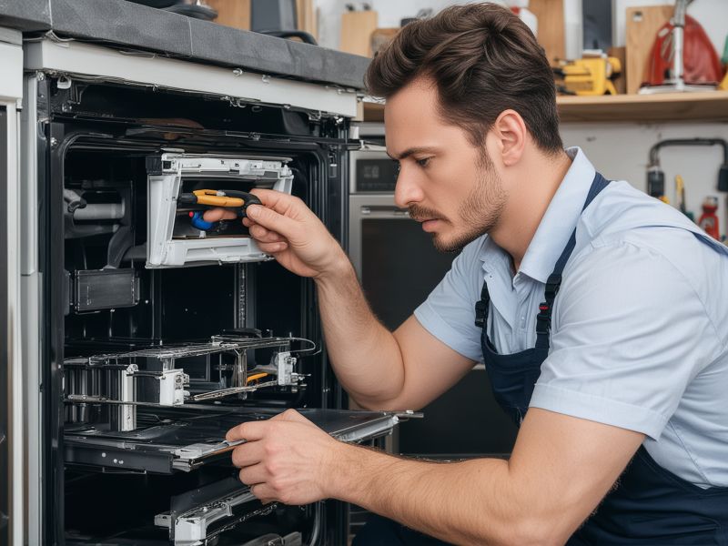 Joanne working on appliance repair in her workshop