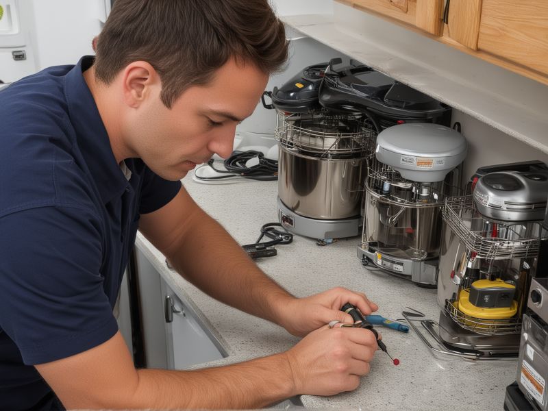 Small appliance repair technician working on kitchen appliances